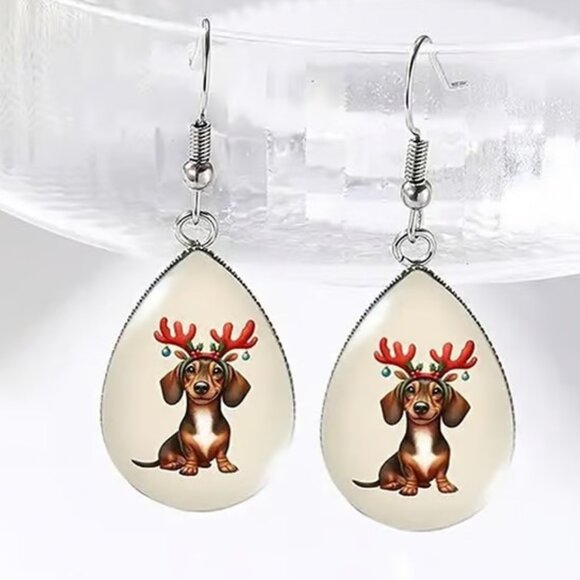 Silver DACHSHUND Dog Christmas Dangle Earrings - Picture 1 of 4